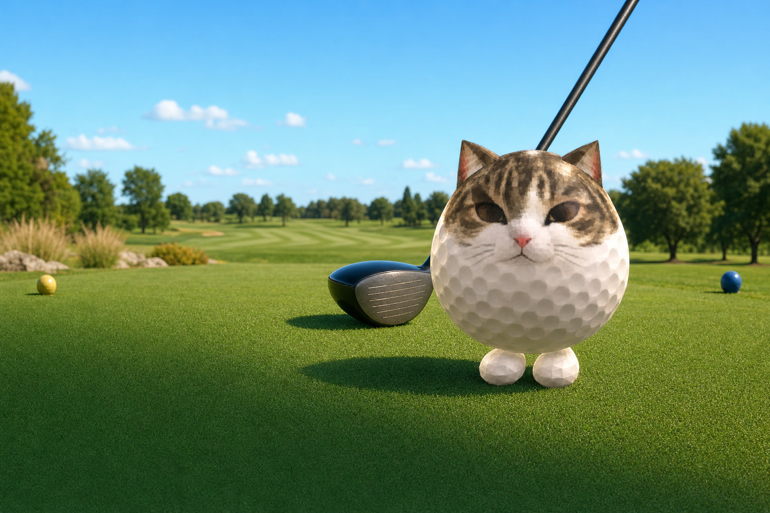 Golf Cat, a golf ball with a cat's head and two small feet, standing on a fairway next to a driver